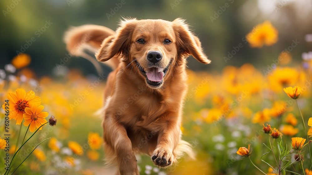 Spaniel is happy in a blooming meadow.