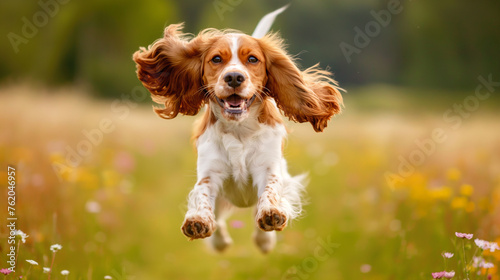 Spaniel is happy in a blooming meadow.