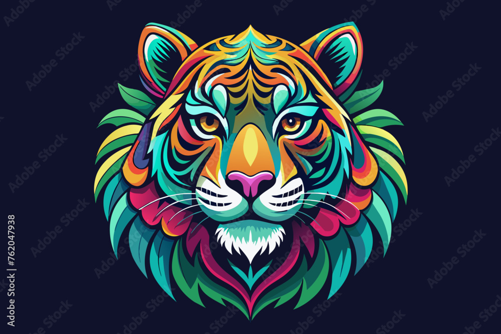 a hippy tiger head, , print ready vector t-shirt design, sticker dark black background, professional vector, high detail, t-shirt design, graffiti, vibrant