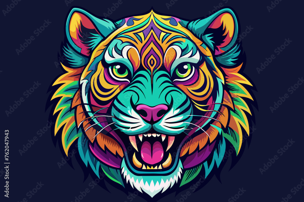 a hippy tiger head, , print ready vector t-shirt design, sticker dark black background, professional vector, high detail, t-shirt design, graffiti, vibrant, Use only all shades of magenta, teal blue, 