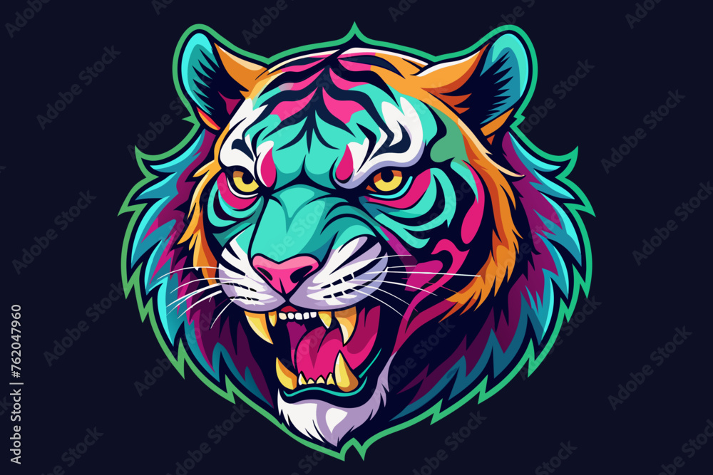 a hippy tiger head, , print ready vector t-shirt design, sticker dark black background, professional vector, high detail, t-shirt design, graffiti, vibrant, Use only all shades of magenta, teal blue, 
