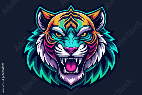 a hippy tiger head    print ready vector t-shirt design  sticker dark black background  professional vector  high detail  t-shirt design  graffiti  vibrant  Use only all shades of magenta  teal blue  