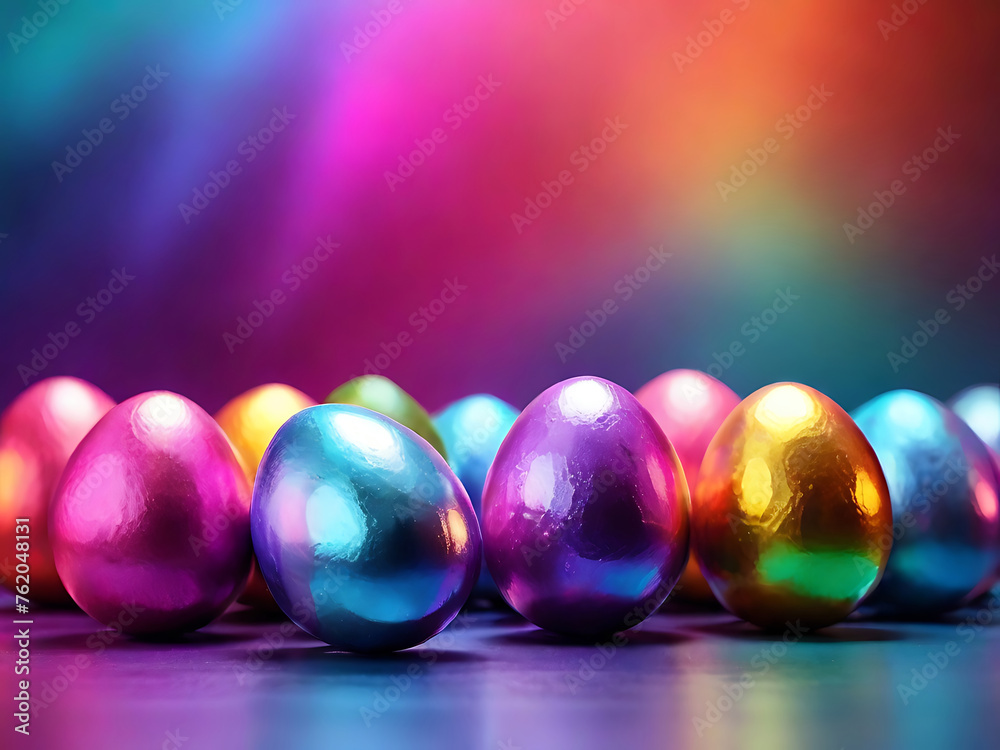 Holographic metallic painted Easter eggs. generative Ai