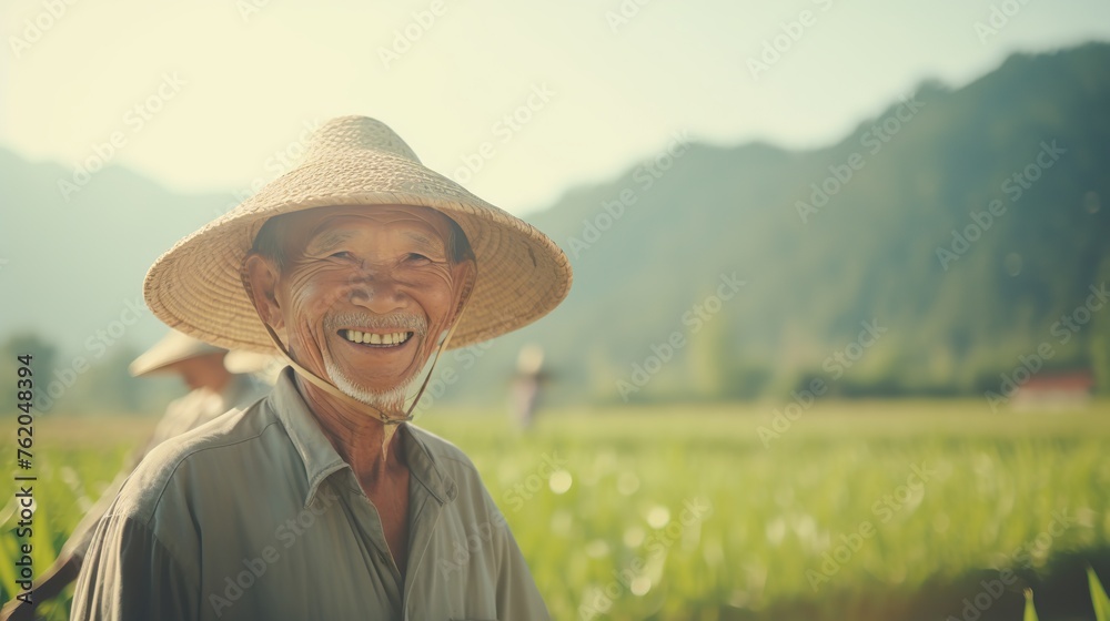 portrait of an old male farmer in a wheat field at noon