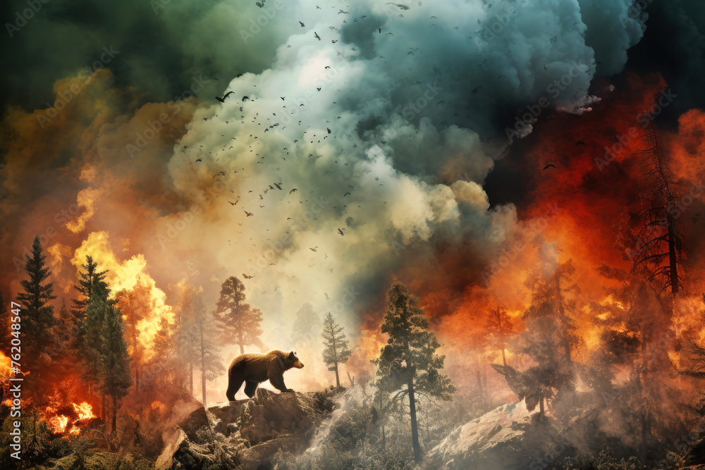 A bear bravely progresses through a forest consumed by flames, highlighting the dire impact of a raging fire on wildlife and nature