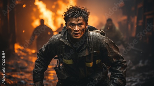 Man in Fire Suit Walking Through Fire