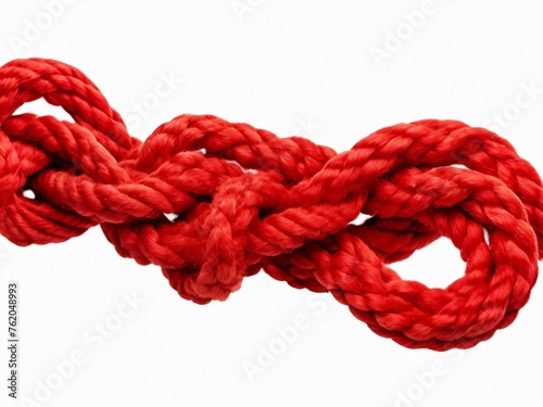 A tangle of matted red rope on a white background, complex knot, tangle mess, picture for troubleshooting.