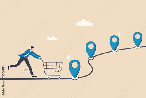 Customer journey, process or milestone for customer to experience until purchase product, marketing strategy analysis, advertising concept, man with trolley shopping cart on customer journey map.