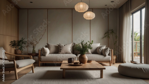 Elegantes Japandi-Wohnzimmerdesign mit natürlichen Materialien und sanfter Beleuchtung
