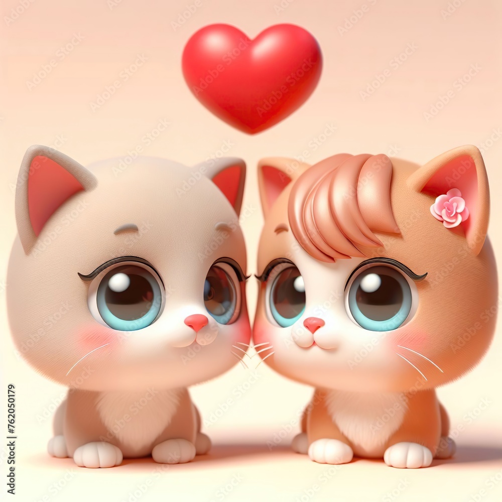 two cute kittens and a red heart, animated picture, Valentine's Day, 3D two cute kittens and a red heart, animated picture, Valentine's Day, 3D