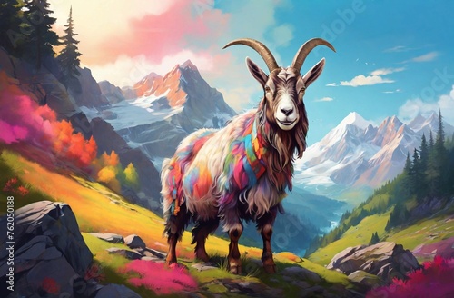 An Alpine Goat with colorful furs with Alpine background © Julio