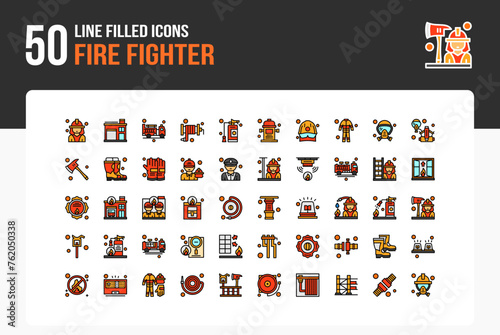 Set of 50 icons of Fire Fighter related to Firefighter, Fire Station ,Fire Truck Line Filled Icon collection photo