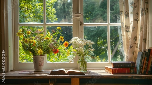 The open window of the cottage with flowers and books on it overlooks green trees outside.