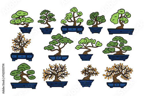 Hand Drawn Japanese and Chinese style bonsai trees in flat style