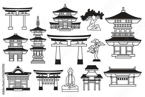 Fototapeta Naklejka Na Ścianę i Meble -  Hand Drawn Japanese and Chinese style pavilions or pagodas in flat style