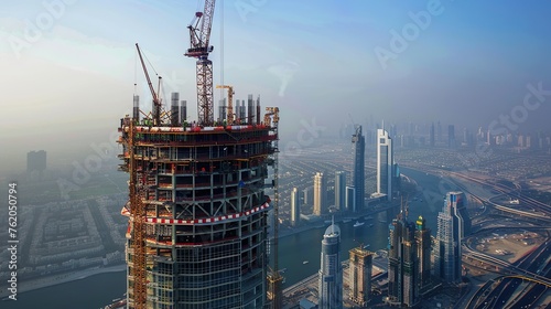 A skyscraper under construction, towering above the city skyline as workers toil on its upper floors.