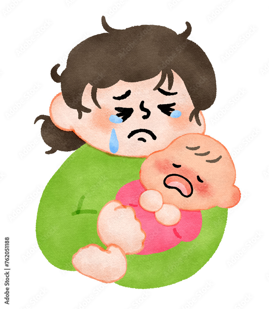 熱がある赤ちゃんが心配で抱っこしながら泣き出すお母さん 手描きイラスト素材 熱がある赤ちゃんが心配で抱っこしながら泣き出すお母さん 手描きイラスト素材