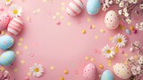 Colorful easter eggs on pink background with spring flowers. festive and joyful holiday concept. ideal for greeting card designs. AI