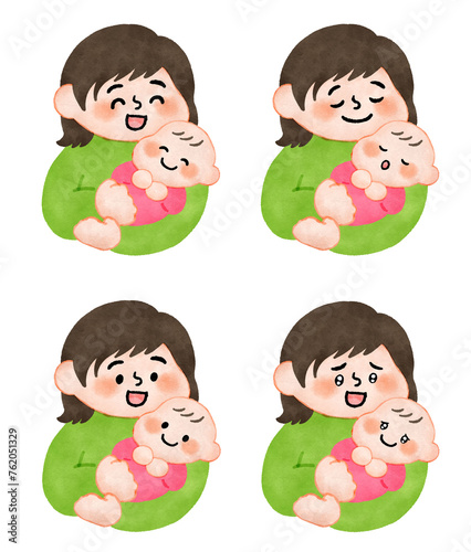 赤ちゃんを抱っこするお母さん　手描きイラスト素材セット