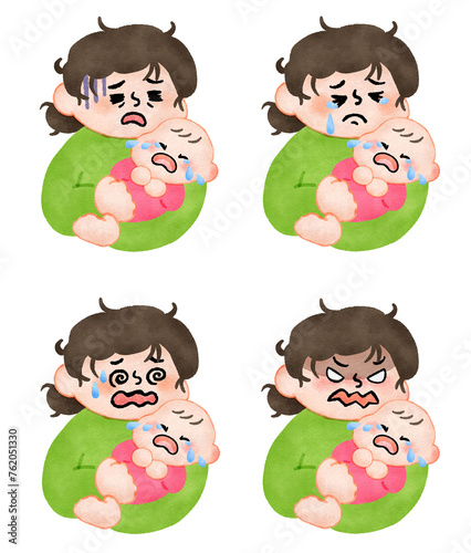 泣いている赤ちゃんを抱っこするお母さん　手描きイラスト素材セット
