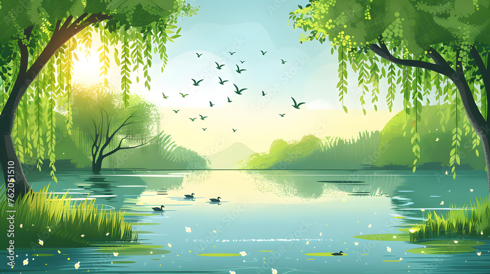 A peaceful sunset view over a serene lake, with birds soaring in the sky amidst the gentle sway of lush green trees. - obrazy, fototapety, plakaty 