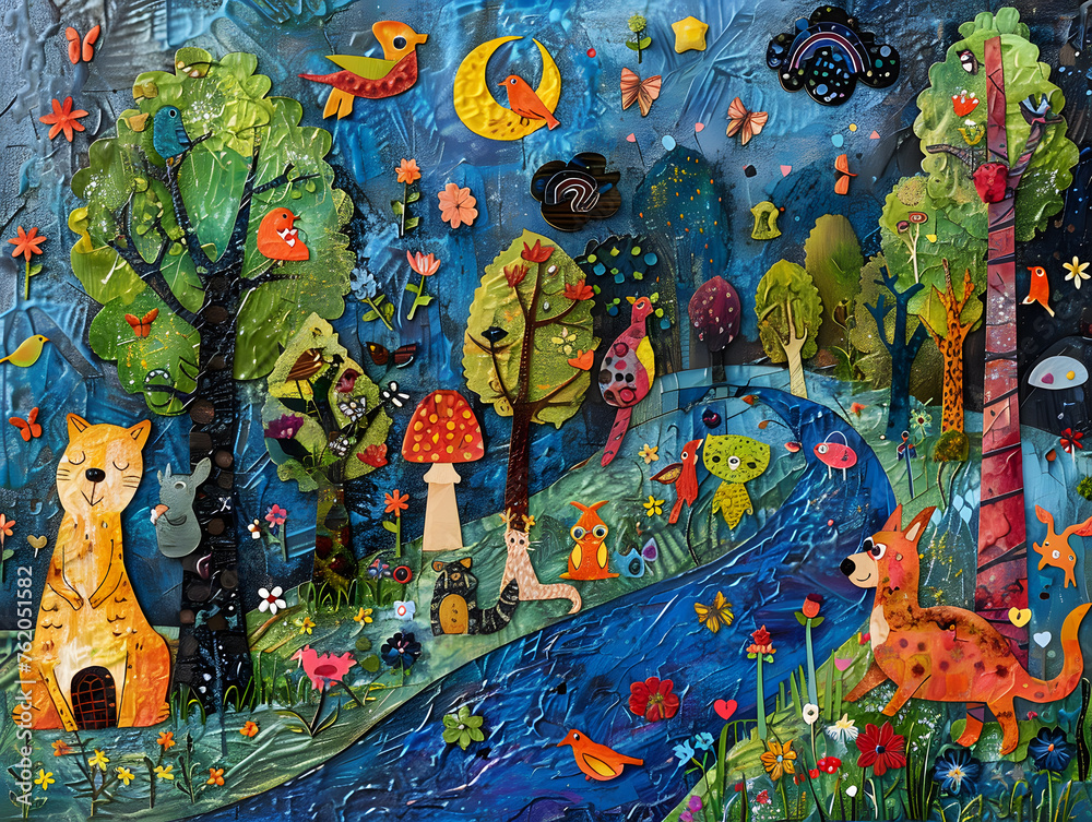 A vibrant, textured artwork depicting various whimsical animals in an enchanted, colorful forest setting.