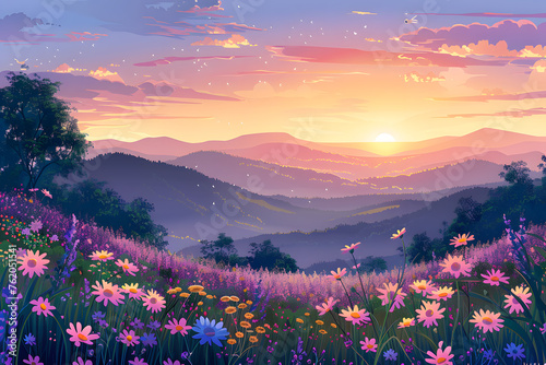 A panoramic view of a cartoon spring valley at sunrise  with rolling hills covered in wildflowers.