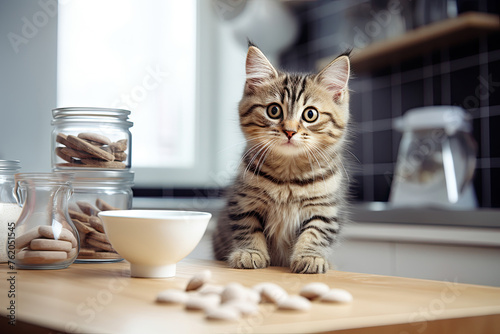 Cute kitten sitting in the kitchen