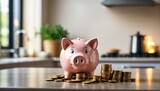 A shiny pink piggy bank surrounded by stacks of golden coins on a modern kitchen counter symbolizing savings