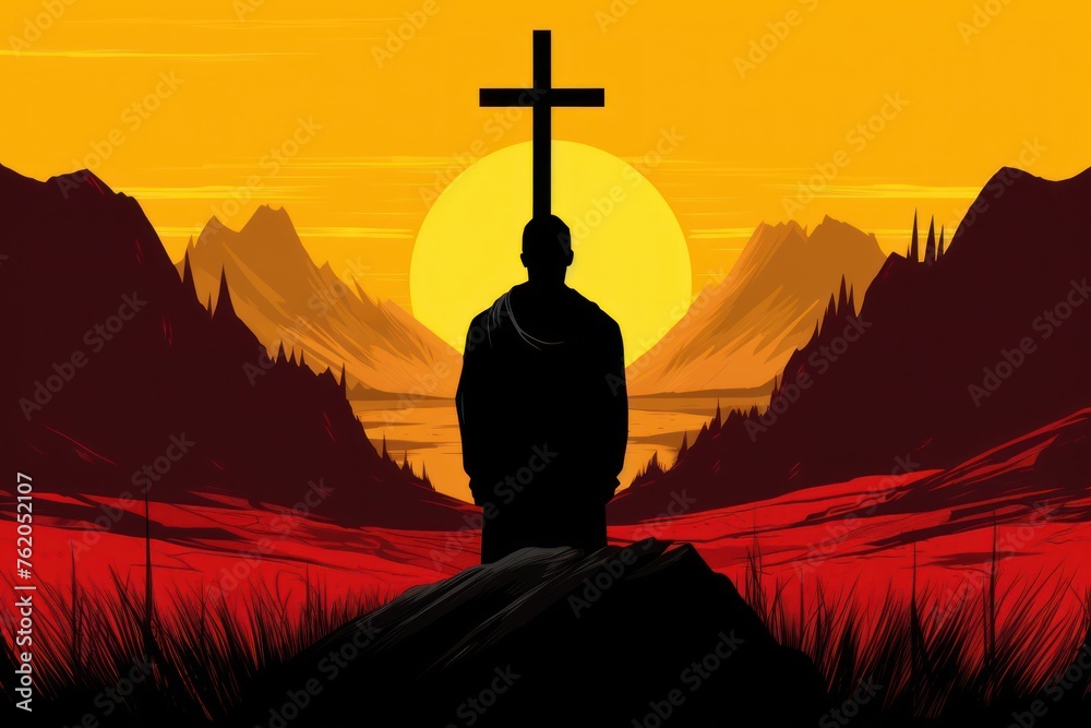 Praying man in front of the cross. Christian concept. silhouette of a man who kneels in front of a cross.