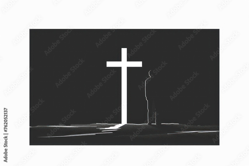 Praying man in front of the cross. Christian concept. silhouette of a ...