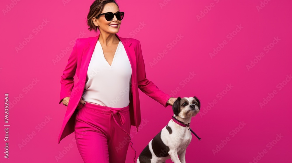 Young businesswoman having fun with her dog. Elegant woman walking her big dog. Pink color and pink background