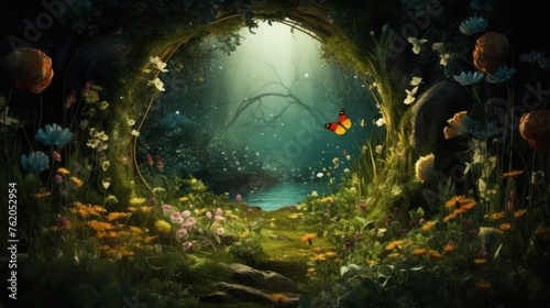 Mystical fantasy forest landscape with flower magic portal. © vlntn