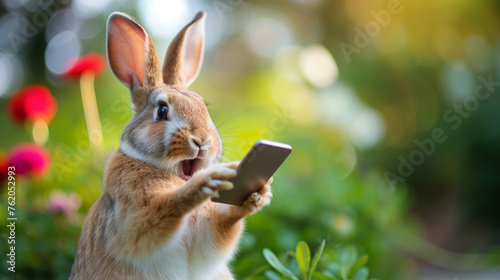 Surprised rabbit holding a smartphone with a comical expression. © vlntn
