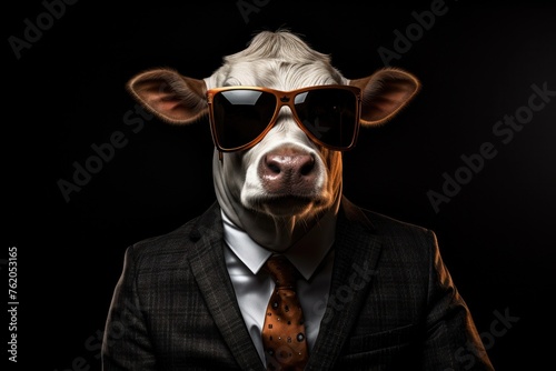 Funny cow with sunglasses in a suit on a black background. © vlntn