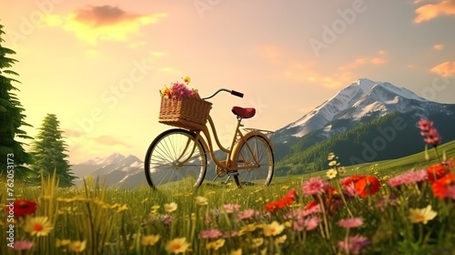 Bicycle with a wicker basket in a Beautiful sp