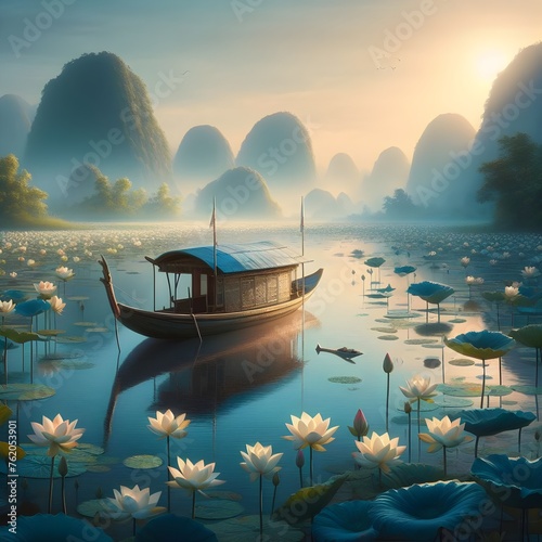 Paintings of boats on the water create an atmosphere of deep tranquility. Teal green landscape.