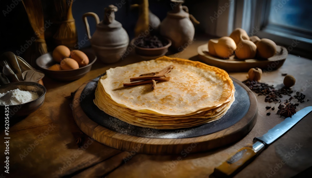 crepe high quality photo; blurred modern kitchen background. 