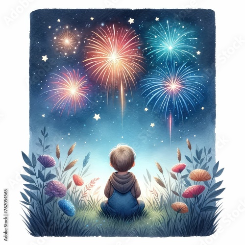 Watching fireworks on a summer night. watercolor illustration, Perfect for nursery art, celebration fireworks scene illustration. 