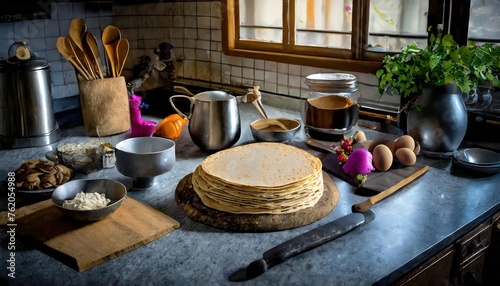 crepe high quality photo; blurred modern kitchen background. 
