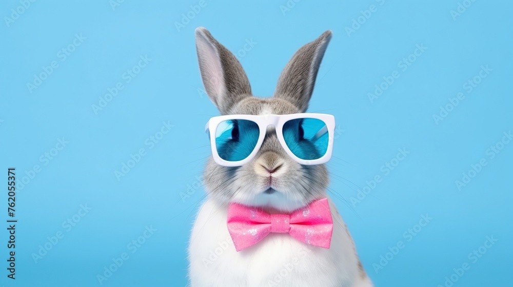 portrait of Rabbit wearing glasses and pink ribbon isolated blue background