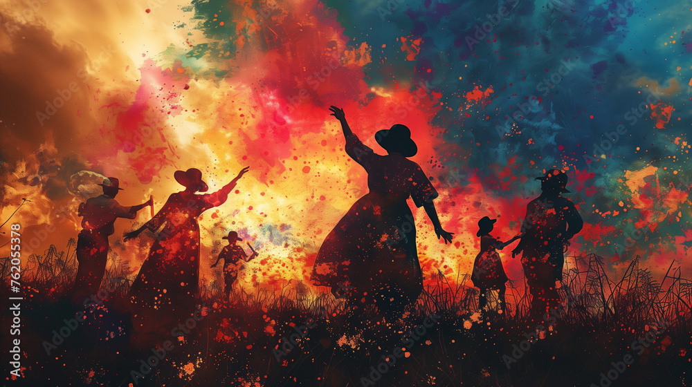 A diverse group of individuals standing united on a vast grass field, embodying freedom and celebrating Juneteenth A diverse group of individuals standing united on a vast grass field, embodying freedom and celebrating Juneteenth