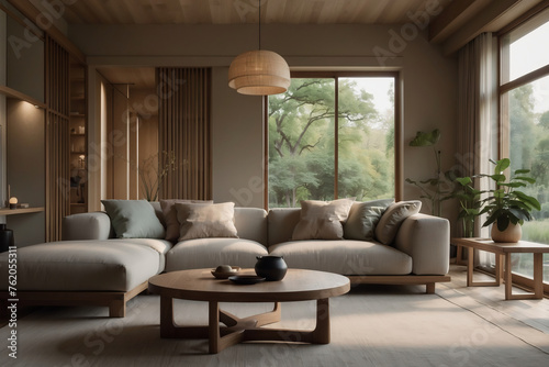 Harmonisches Japandi-Wohnzimmerdesign mit Blick auf grüne Natur und eleganter Holzeinrichtung