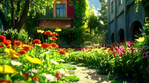 Colorful flowers and vibrant greenery fill the garden in front of the school, seamless looping background animation, anime style, for vtuber / streamer backdrop photo