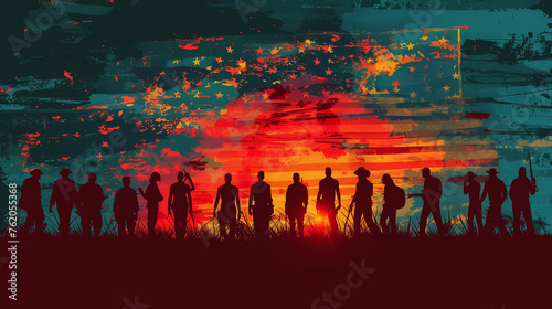 A diverse group of people stands united in front of a golden sunset, radiating peace and hope as they face towards the horizon, Juneteenth Freedom Day