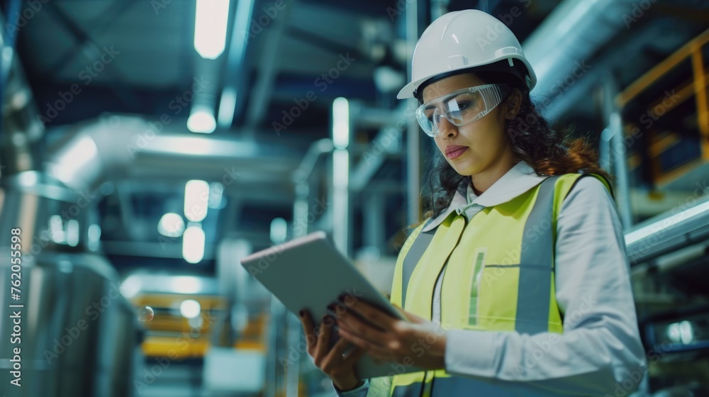 Worker using tablet for communication or task management. Fictional character created by Generated AI. Worker using tablet for communication or task management. Fictional character created by Generated AI.