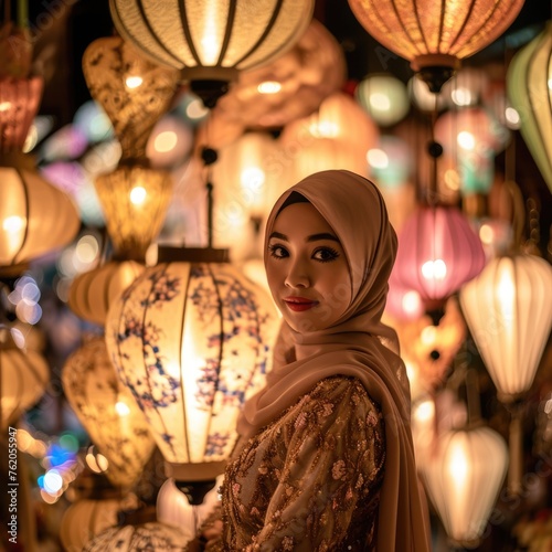 A woman wearing a headscarf, standing under a display of lights. Fictional character created by Generated AI. 