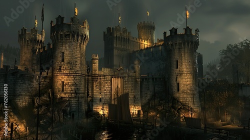 A medieval castle illuminated by torchlight, its battlements manned by guards keeping watch over the kingdom. photo
