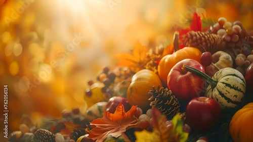 Warm autumn harvest scene with vibrant pumpkins and gourds, golden light, festive thanksgiving decor, seasonal still life. AI