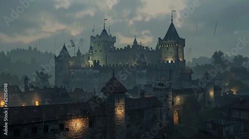 A medieval castle illuminated by torchlight, its battlements manned by guards keeping watch over the kingdom.